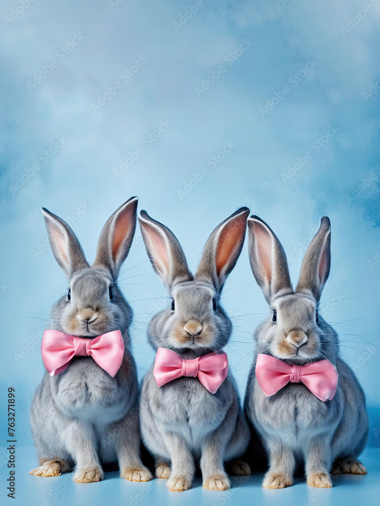 illustration with three cute funny bunnies with pink bow ties. card with funny rabbits sitting isolated on blue background