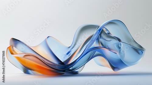 3d render of fluid glass wavy shapes, blue and orange gradient on white background, smooth and elegant curves, floating in the air, minimalistic, this composition creates a sense of modernity  photo