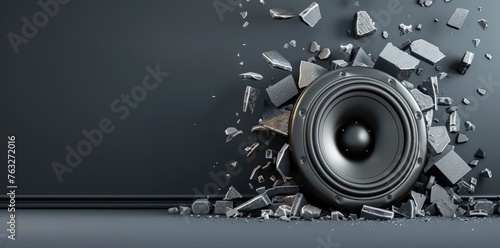 Black Subwoofer Breaking Through Wall with Dark Gray Background