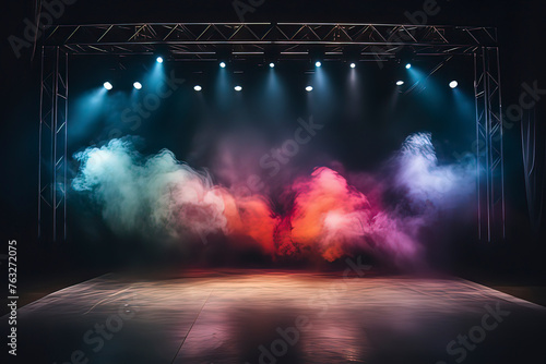 Concert stage with laser lighting and smoke. AI technology generated image photo