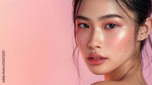 a asian skin model woman's natural skin, pastel background, with empty copy space