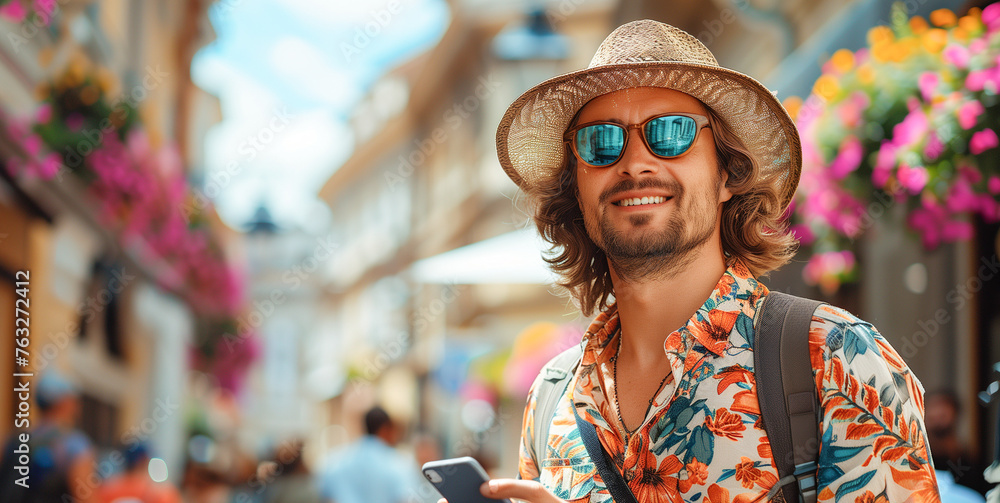 A smiling tourist in a sun hat with sunglasses. he holding a phone in his hand. Summer day, background of an old European city