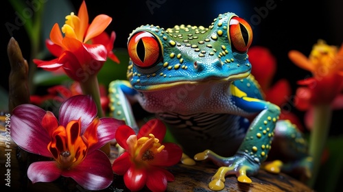 Colorful red-eyed treefrog in its native rainforest habitat with generous copy space