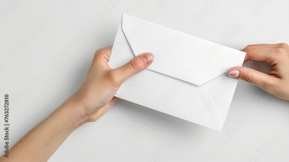 Fototapeta premium Detailed human hand giving blank white envelope isolated over white background with copy space.