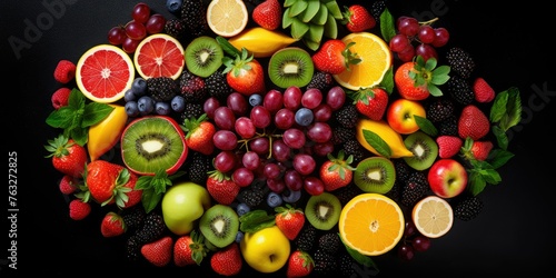 Fresh fruits on a black background. Top View © PNG City