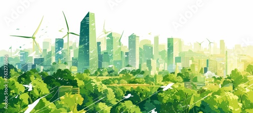 A green city skyline with tall buildings and wind turbines