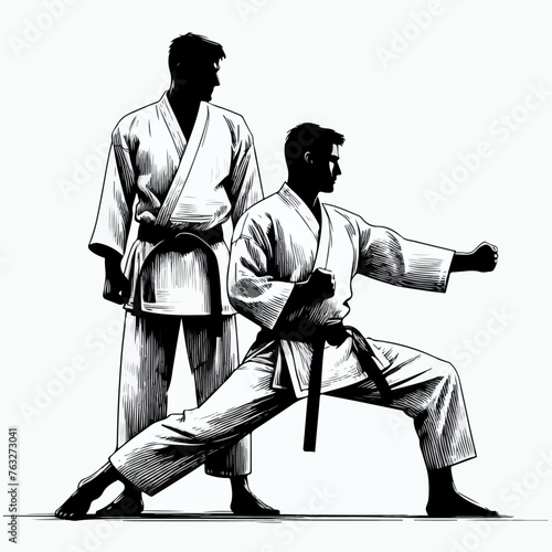 karate fighters, man and woman in kimono are training taekwondo, isolated vector logo for sport