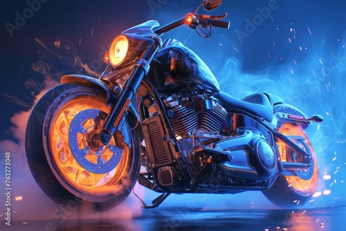 a harley davidson motorcycle with smoke and orange light