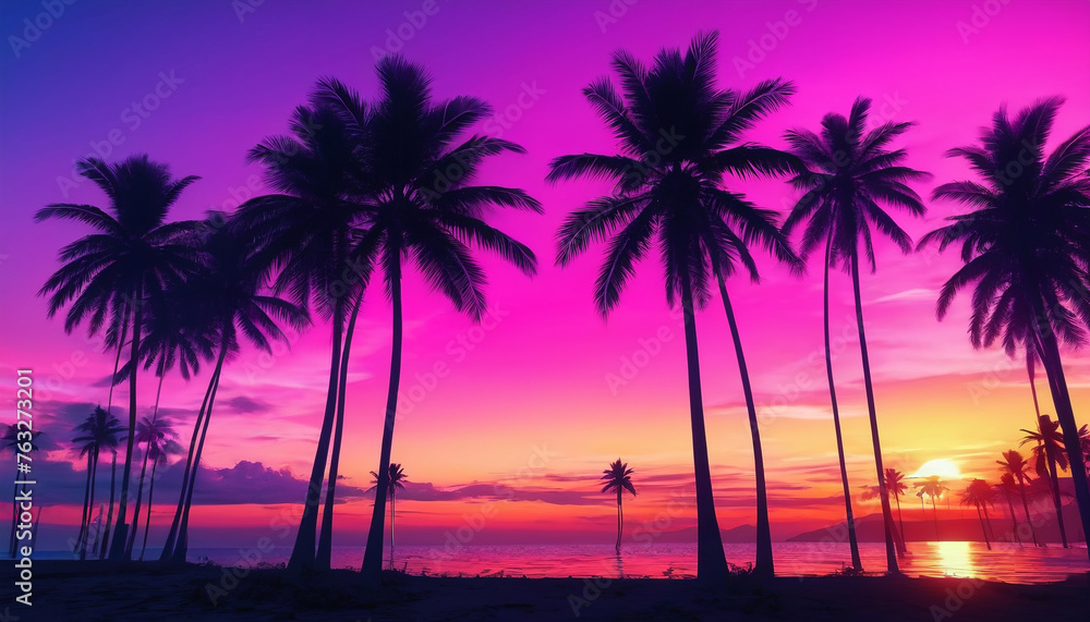 Sunset over the ocean with palm trees in retro colors. Generative AI.

