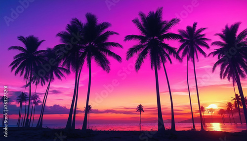 Sunset over the ocean with palm trees in retro colors. Generative AI.
