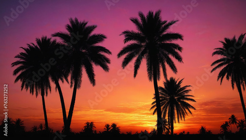 Sunset over the ocean with palm trees in retro colors. Generative AI.  