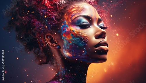 Stunning double exposure portrait of beautiful woman with colorful paint splash or space nebula