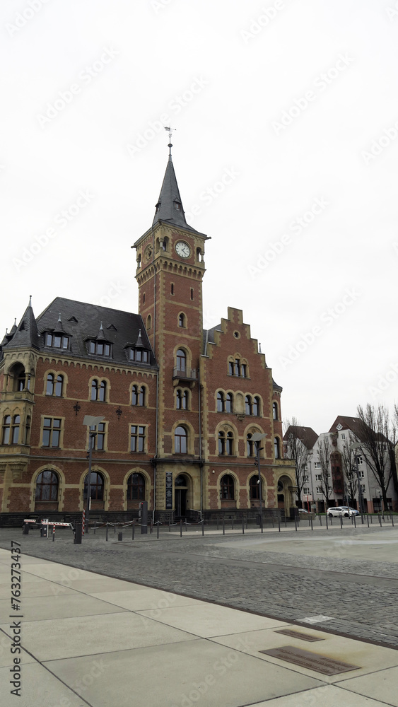 Das Hafenamt, Köln, Germany. The two-tone brick facade and the arched windows are reminiscent of the Romanesque period. The square clock tower is a real gem.