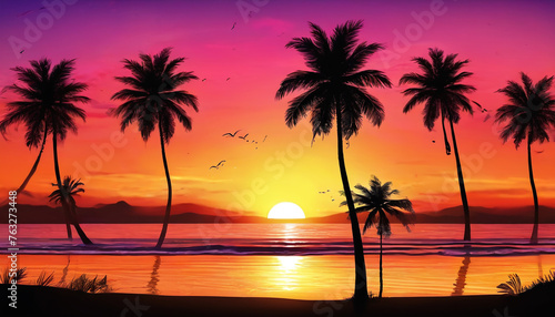 Sunset over the ocean with palm trees in retro colors. Generative AI.  