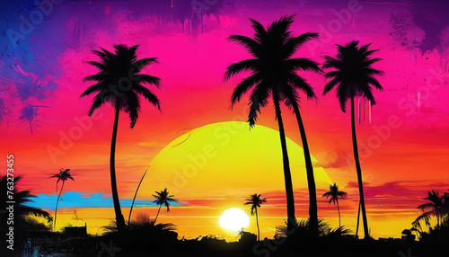 Sunset over the ocean with palm trees in retro colors. Generative AI.