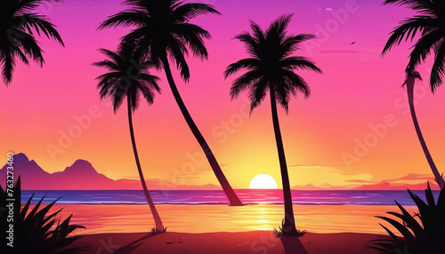 Sunset over the ocean with palm trees in retro colors. Generative AI.