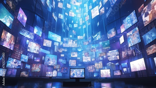 A large room with walls full of flat screen televisions displaying colorful images. The lighting is dark and moody. 