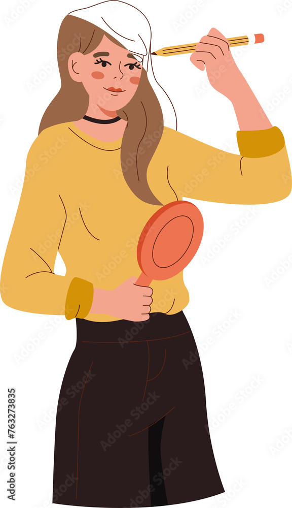 Woman draws own image with pencil and holds mirror in hands as metaphor for working to improve personality. Psychological concept of substituting one personality to another for deceive others. Woman draws own image with pencil and holds mirror in hands as metaphor for working to improve personality. Psychological concept of substituting one personality to another for deceive others.