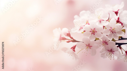 Pink cherry tree blossom flowers, spring time against a natural sunny blurred background.