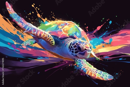 A colorful sea turtle with splash paint, vector illustration on a black background © Photo And Art Panda