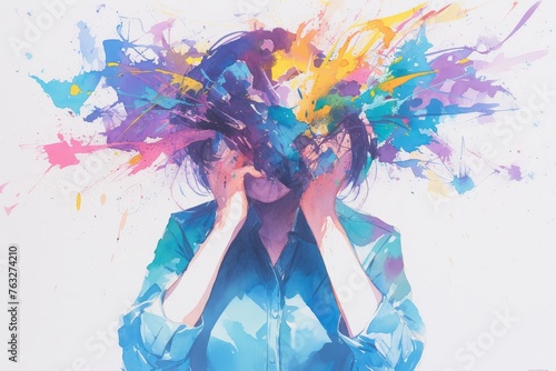 A colorful watercolor painting of a man with his head exploding in vibrant colors against a white background
