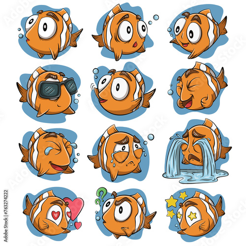 Pack of 12 fish character sticker arts | set of symbols for your design with cartoon style and funny comic characters | illustration with cute cartoon style characters | Contemporary set of different