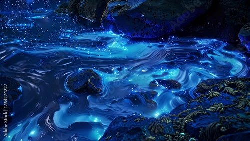 The ocean floor comes to life in a stunning display of bioluminescence as glowing creatures and plants create an otherworldly glow. Swirling currents add an additional element photo