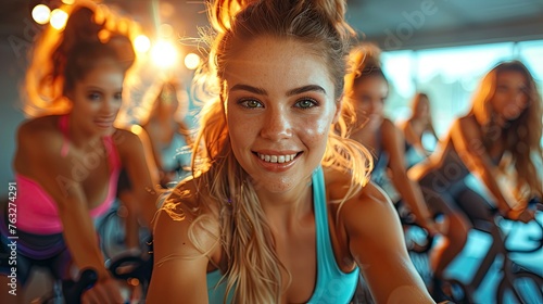 Indoor Cycling Fun with Friends: Attractive Fitness Girl Riding Stationary Bike