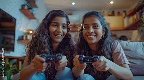 Joyful Indian Women Gaming: Friends Having Fun with Joystick and TV in Living Room