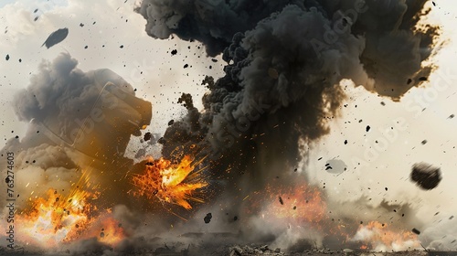 a large-scale explosion, capturing the intense flames and billowing black smoke against a clear background, conveying the raw power and spectacle of the event © Varunee