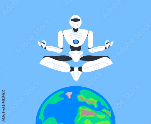 robot meditating and levitating over the earth planet vector illustration