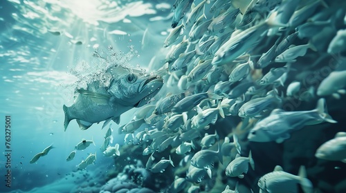  multiple smaller fish banding together to outmaneuver and prey upon a lone, larger fish, exemplifying the concept of strength in numbers and strategic collaboration in the underwater ecosystem photo