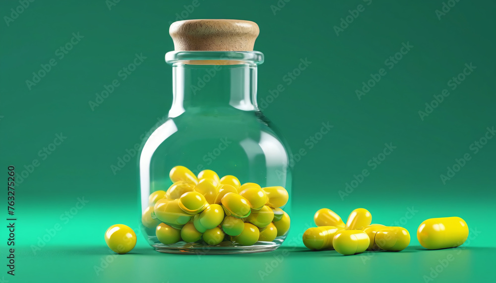 Yellow medical pills spill out of a bottle onto a green background. Generative AI. Yellow medical pills spill out of a bottle onto a green background. Generative AI.