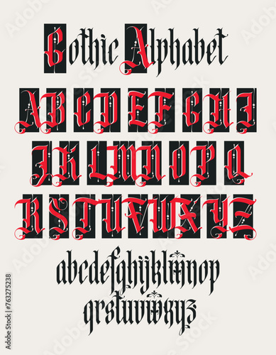 Gothic font. Full set of capital letters of the English alphabet in vintage style. Medieval Latin letters. Vector calligraphy and lettering. Suitable for tattoo, label, headline, poster, etc.