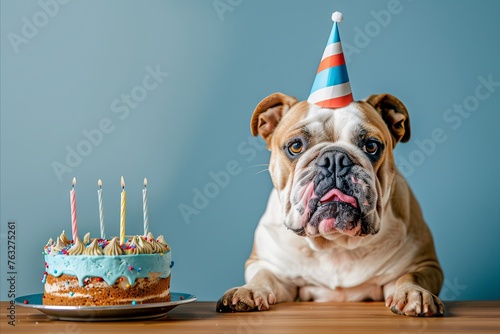 Dog celebrating with birthday cake, party hat and confetti. Creative animal poster. 