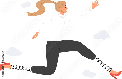 Ambitious business woman strives to achieve goals and jumps high using springs instead of legs. Ambitious manager in formal clothes smiles, rejoicing at opportunity to move to more profitable position