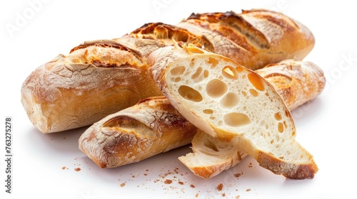 Image of delicious crispy artisan sourdough bread loaves in slice and round shape isolated over white background. photo