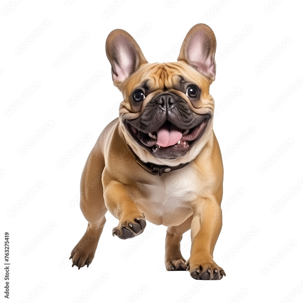 Running and playing, a happy French Bulldog dog in full body view, Isolated on Transparent Background, PNG