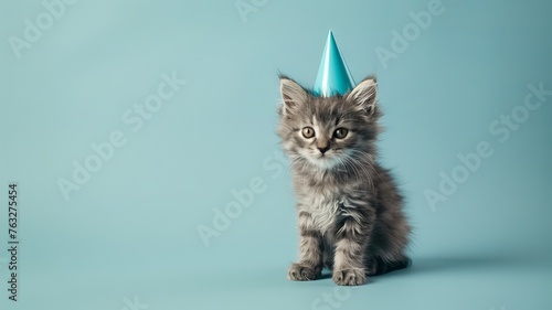 Cat celebrating with party hat. Creative animal poster. 