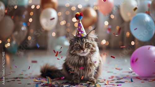 Cat celebrating with birthday cake, party hat and confetti. Creative animal poster. 