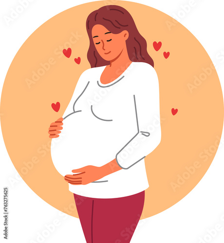 Pregnant woman strokes belly, eagerly awaiting birth of long-awaited child from beloved man. Pregnant young girl feels affection for still neglected baby thanks to maternal instinct and hormones