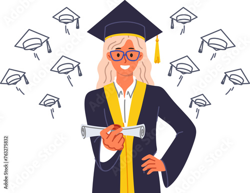 Woman university graduate holds certificate of higher education, allowing to build good career. Girl in graduate hat and gown looks at screen with smile, showing off bachelor degree