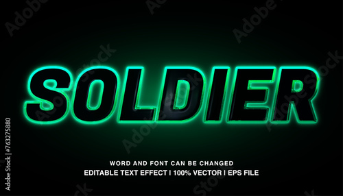Soldier editable text effect template, green neon light text style typeface, premium vector