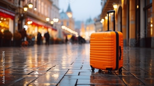 Travel suitcase on blurred street background with space for text, vacation concept