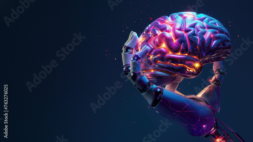 A robot arm loftily holds a brain bathed in neon light, representing AI and human thought fusion photo