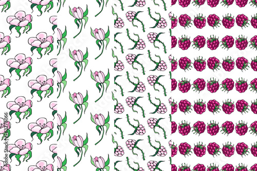 Raspberry and  pink flowers. Floral design. Set of seamless pattern. Vector illustration.