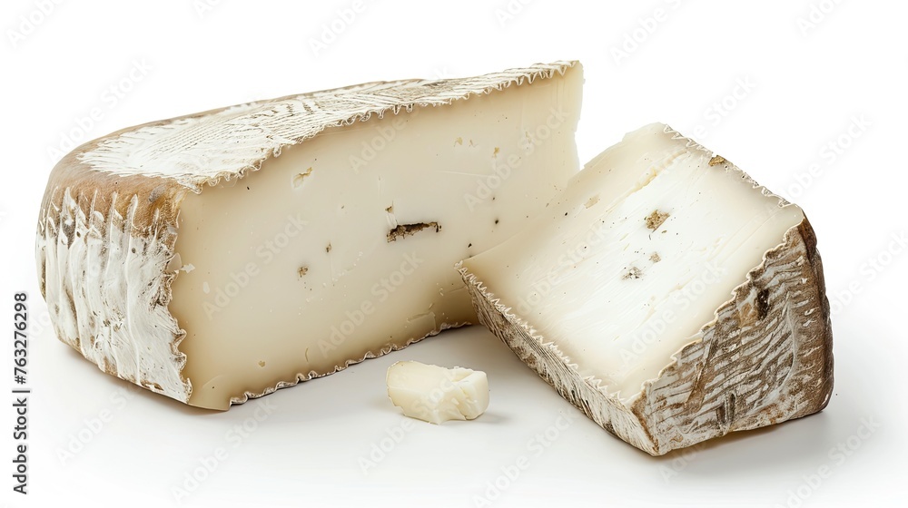 Image of fresh goat cheese cut, french snack, isolated over white background.