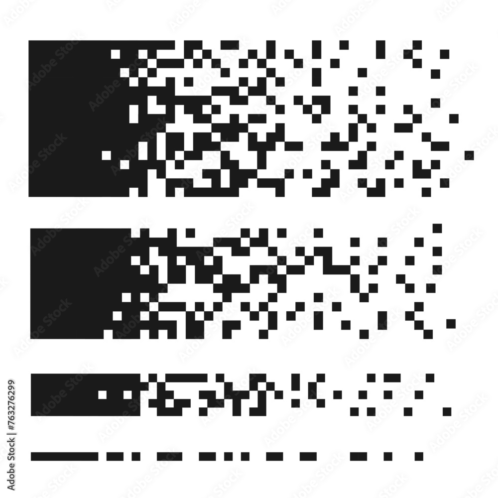 Pixel disintegration background. Decay effect. Dispersed dotted pattern. Concept of disintegration. Set pixel mosaic textures with simple square particles. Vector illustration on white background. Pixel disintegration background. Decay effect. Dispersed dotted pattern. Concept of disintegration. Set pixel mosaic textures with simple square particles. Vector illustration on white background.