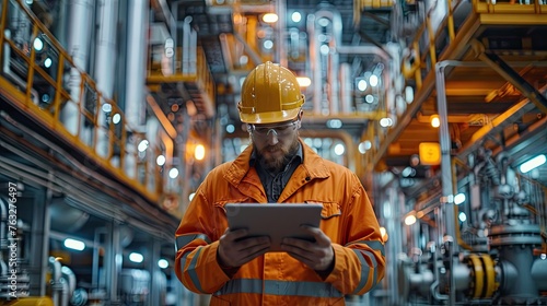 Industrial Engineer with Safety Gear and Tablet Inspecting Oil Refinery Operations