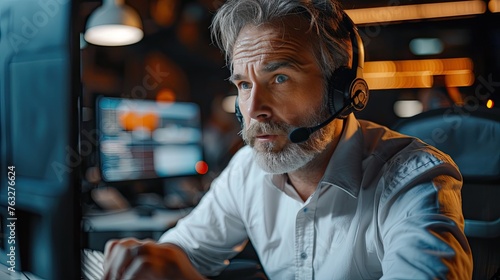 Call Center Professional: Middle-Aged Man in Focus, Working with Headset and Computer in Formal Attire